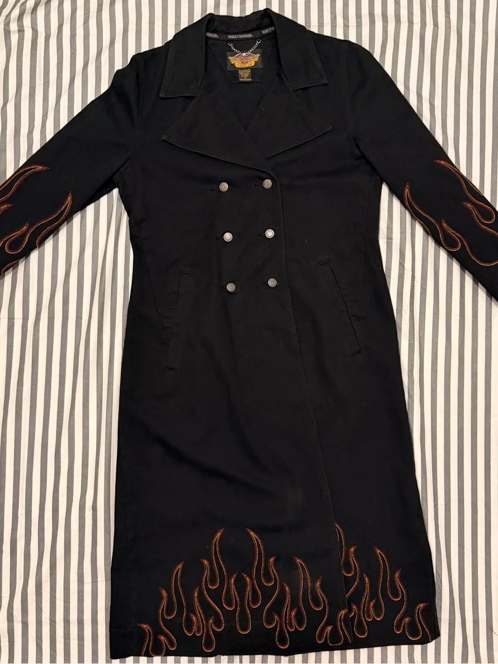 Vintage Harley Davidson Duster Trench Coat Denim Jacket Vintage Small Flames Y2K